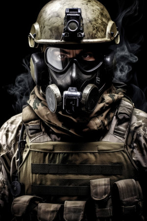 a man in military uniform with gas mask and helmetの素材
