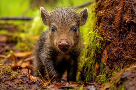 a baby pig standing in the woodsの素材