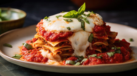 a plate of lasagna with sauce and basilの素材