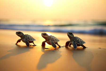 a group of baby turtles walking on the beachの素材