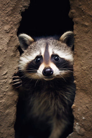 a raccoon peeking through a hole in a wallの素材