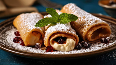 a plate of crepes with powdered sugar and mintの素材