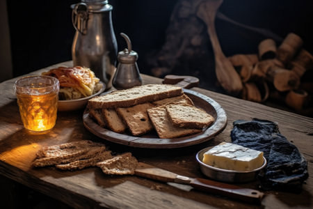 a plate of bread and butter on a tableの素材