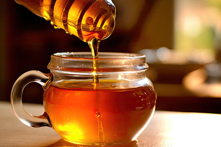 a honey being poured into a glass jarの素材