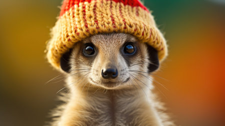 a small animal wearing a knit hatの素材
