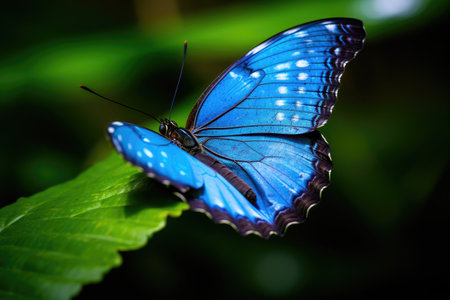a blue butterfly on a leafの素材