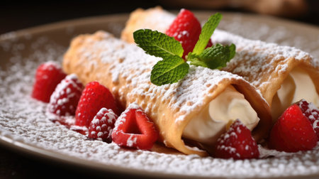 a plate of crepes with strawberries and mintの素材
