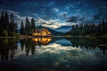 a house on a lake at nightの素材