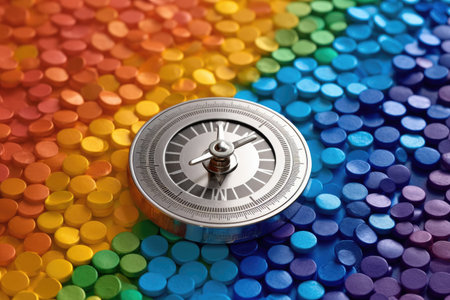 a silver clock on a pile of colorful circlesの素材