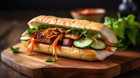 a sandwich with meat and vegetables on a wooden boardの素材