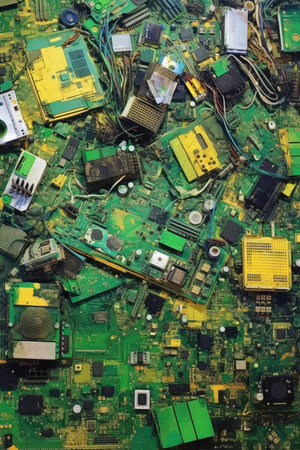 a pile of green and yellow electronic componentsの素材