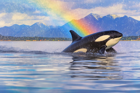 a whale jumping out of water with a rainbow in the backgroundの素材