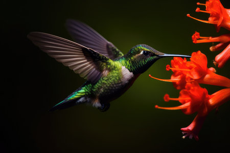 a hummingbird flying next to a flowerの素材