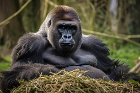 a gorilla lying on grassの素材