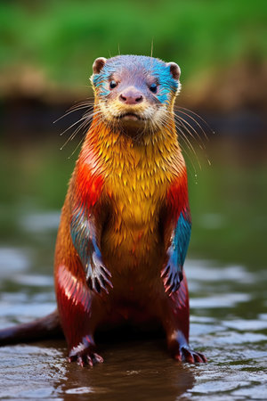 a colorful animal standing on a logの素材