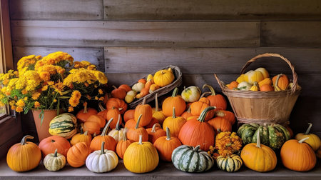 a group of pumpkins and flowersの素材