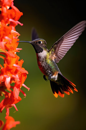 a hummingbird flying next to a flowerの素材