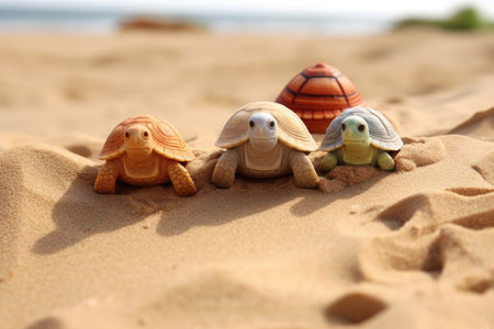 a group of turtles in the sandの素材
