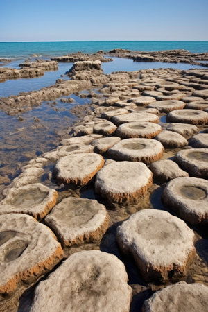 a rocky beach with many round stonesの素材