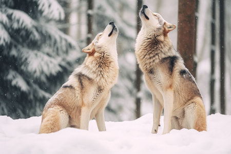 two wolves howling in the snowの素材