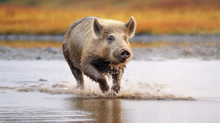 a pig running through waterの素材