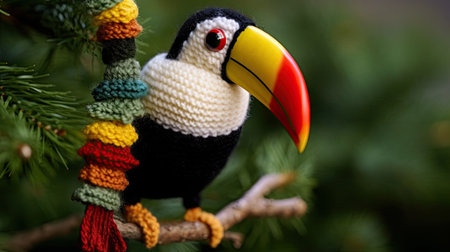 a knitted bird on a branchの素材