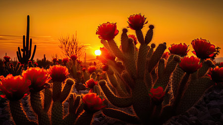 a cactus with flowers in the sunの素材