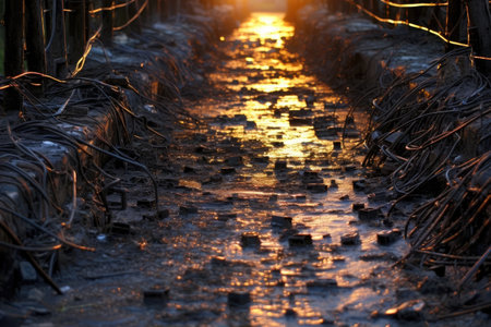 a wet water with wires and a light shining throughの素材