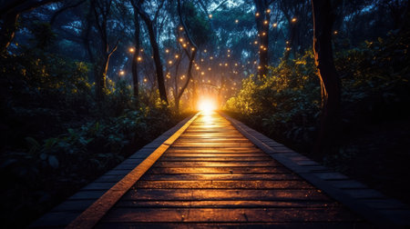 a wooden walkway in a forestの素材