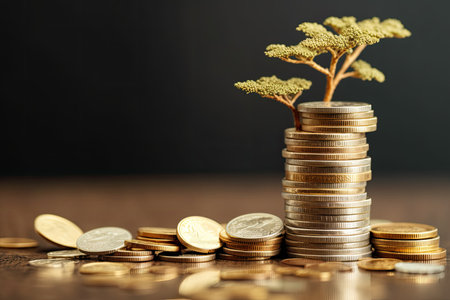 a stack of coins with a tree growing on topの素材