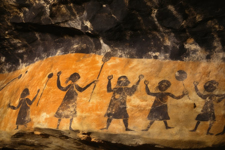 a rock painting of people holding balloons and holding ballsの素材