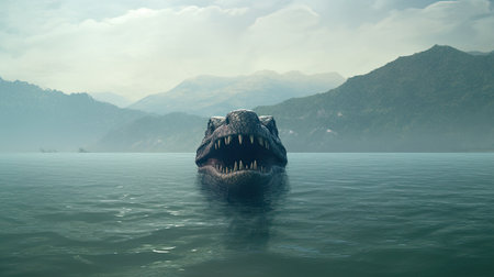 a dinosaur head in water with mountains in the backgroundの素材