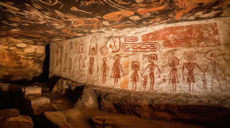 a cave with paintings on the wallの素材