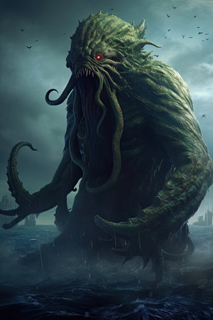 a green monster with long tentacles and red eyesの素材