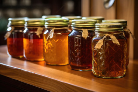 jars of honey on a tableの素材