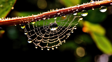 a spider web with water droplets on itの素材