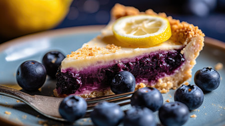 a piece of blueberry pie with lemon slices on topの素材