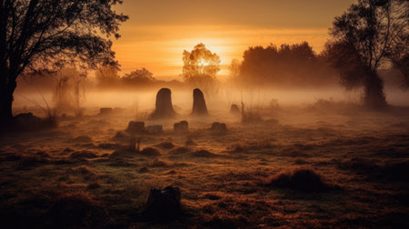a foggy field with trees and a sunsetの素材
