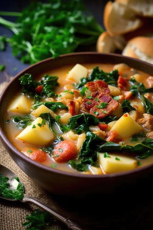 a bowl of soup with vegetables and meatの素材