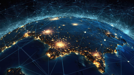 a map of the earth with lights and lines around itの素材