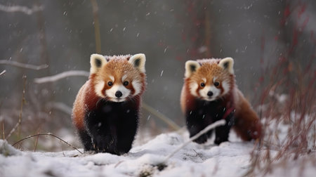 two red pandas walking in the snowの素材