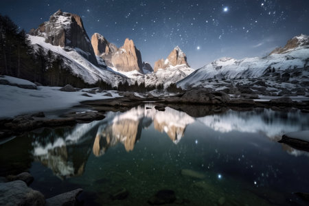Fitz Roy range with snow and a lakeの素材