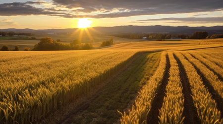 a field of wheat with the sun setting behind itの素材