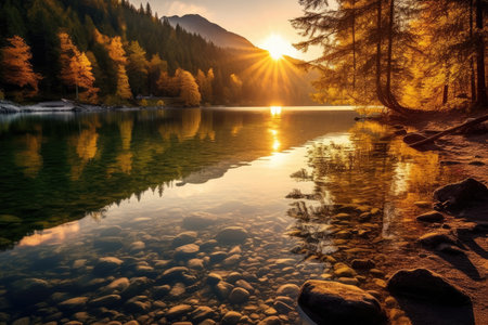 a lake with trees and mountains in the backgroundの素材