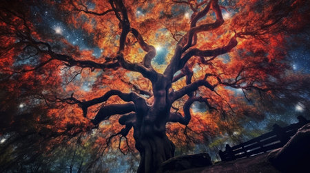 a tree with orange leaves and a bench in the backgroundの素材