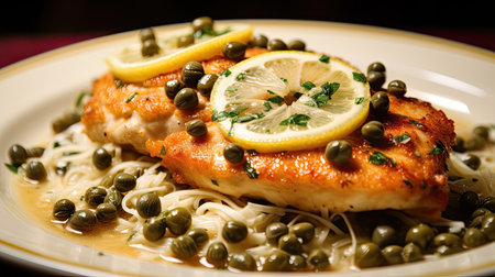 a plate of food with lemons and capersの素材