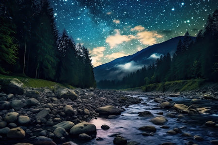 a river flowing through a forest at nightの素材