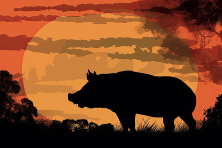 a silhouette of a pig in the wildの素材