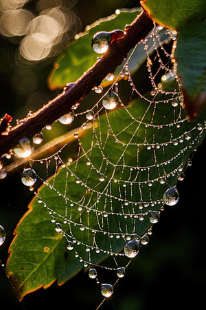 a spider web with water droplets on itの素材