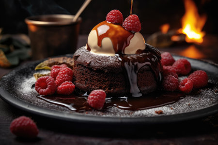a chocolate cake with ice cream and raspberriesの素材